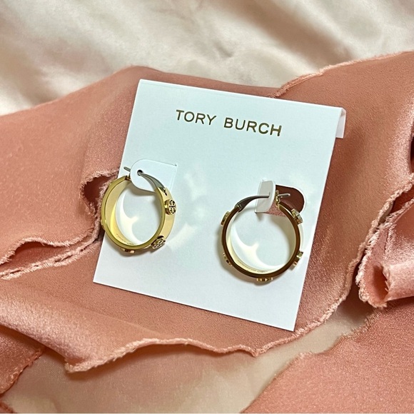 Tory Burch Miller Goldtone Logo Small Hoop Earrings - Picture 4 of 11